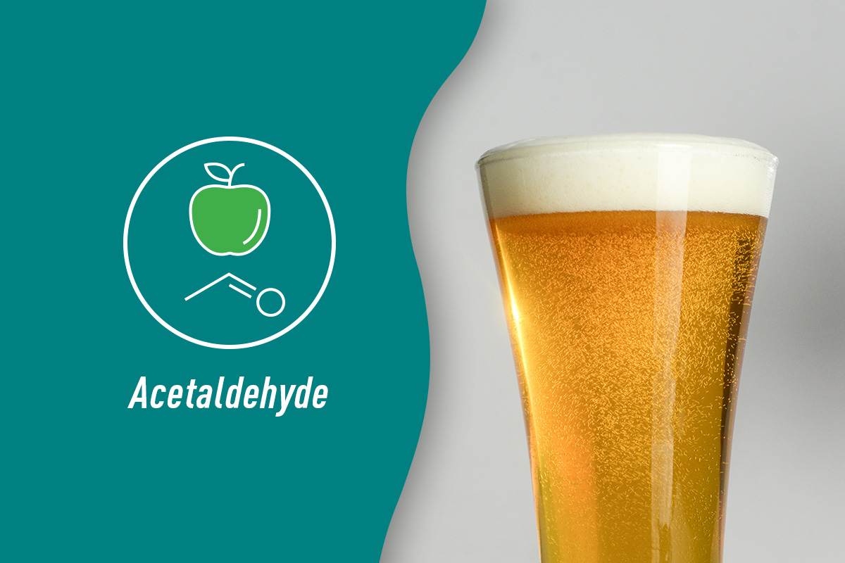 Glass of beer with icon of green apple and chemical compound of acetaldehyde
