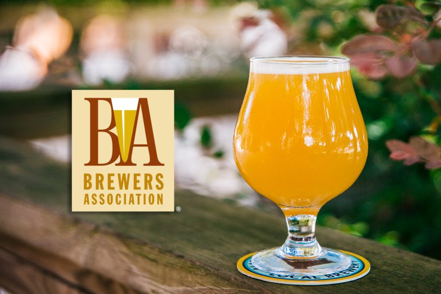Beer in tulip glass with greenery in background
