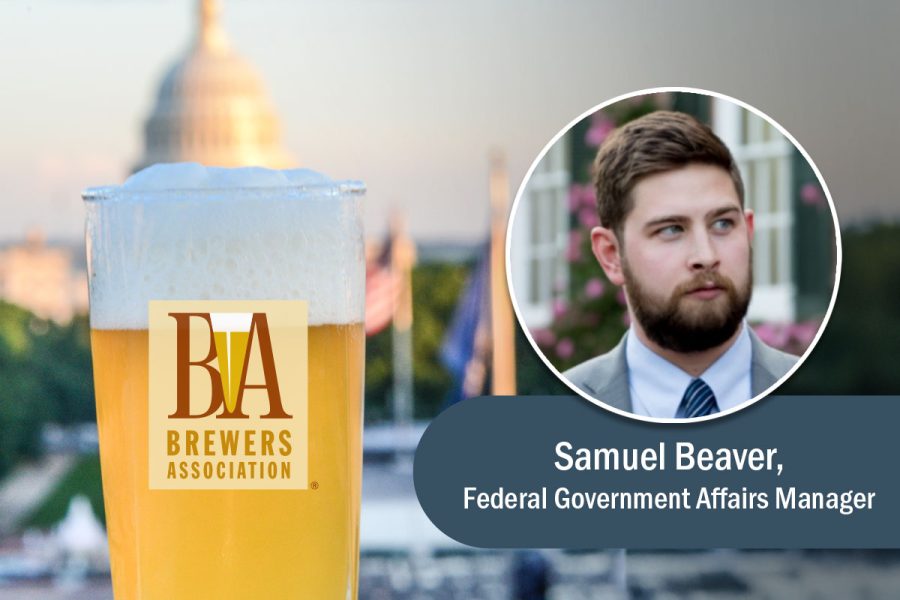beer glass with BA logo and government building and headshot of samuel beaver