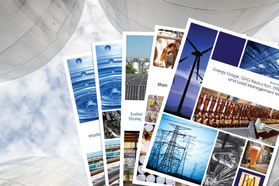 sustainability manual covers over image of brewery grain bins against sky