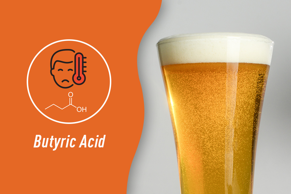 Glass of beer with sick child's face indicating baby vomit aroma of butyric acid