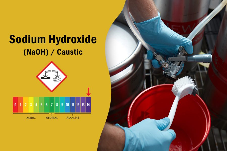 gloved hands cleaning brewing equipment with sodium hydroxide ph scale and caustic symbol