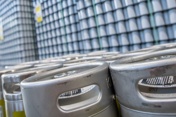 kegs and pallets of aluminum cans