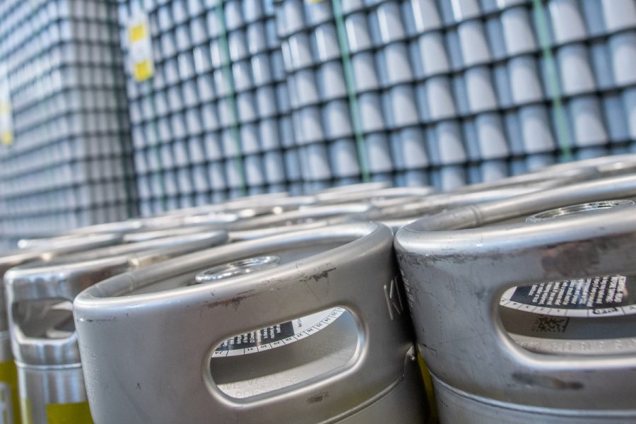 kegs and pallets of aluminum cans