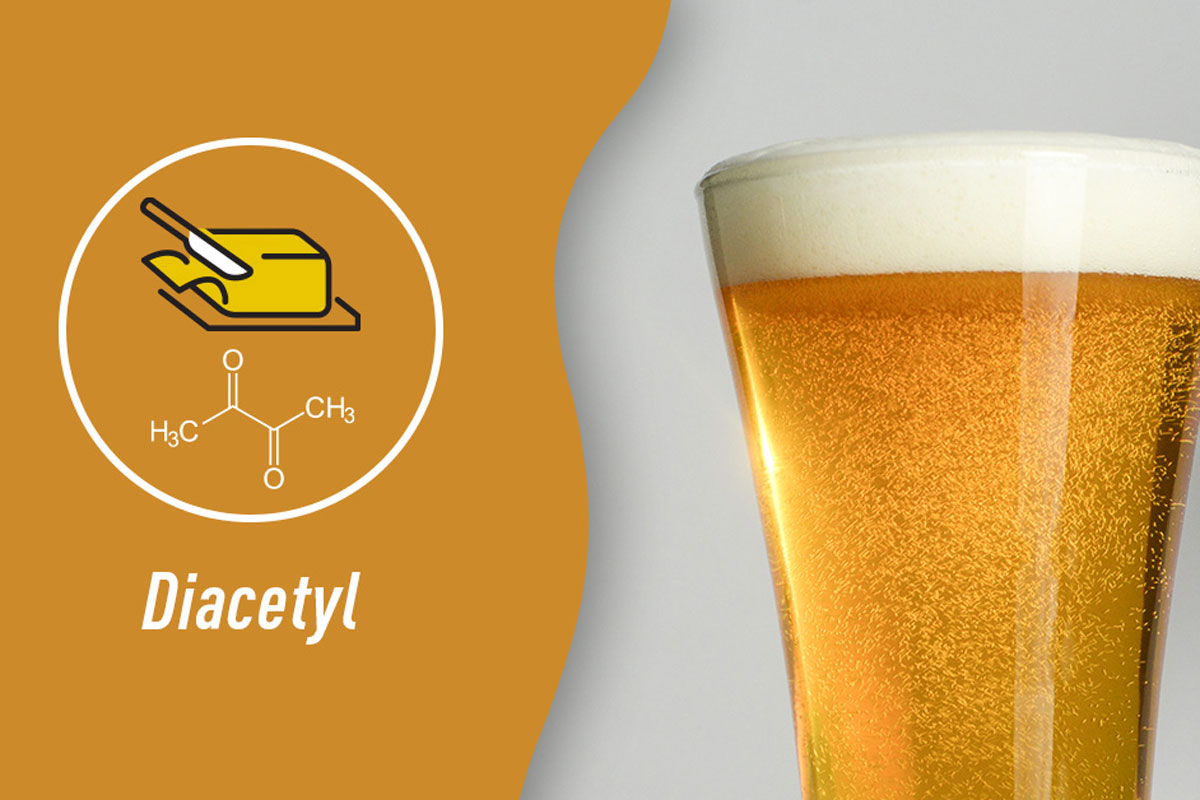 Glass of beer with icon of butter and chemical compound of diacetyl