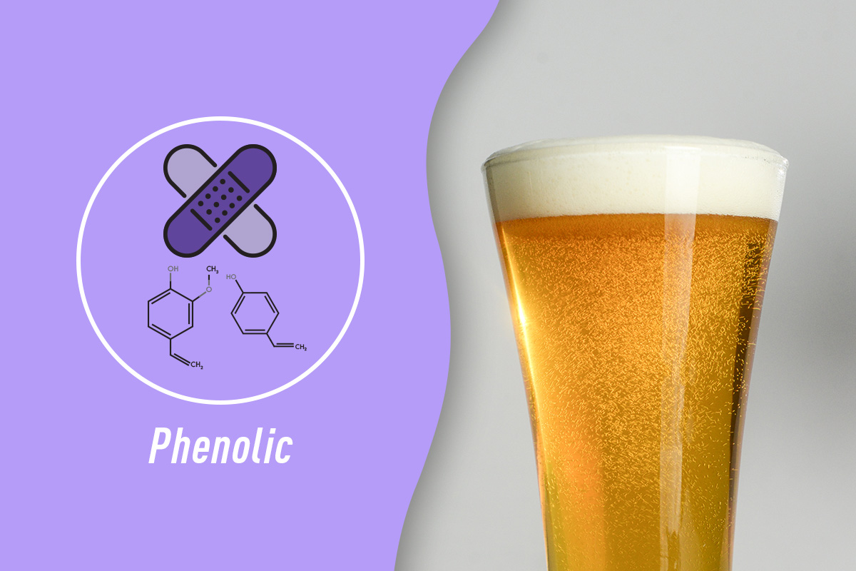 Glass of beer with icon of bandaids and chemical compound of Phenolic Acid