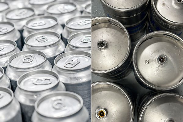 Composite image of aluminum cans and steel kegs