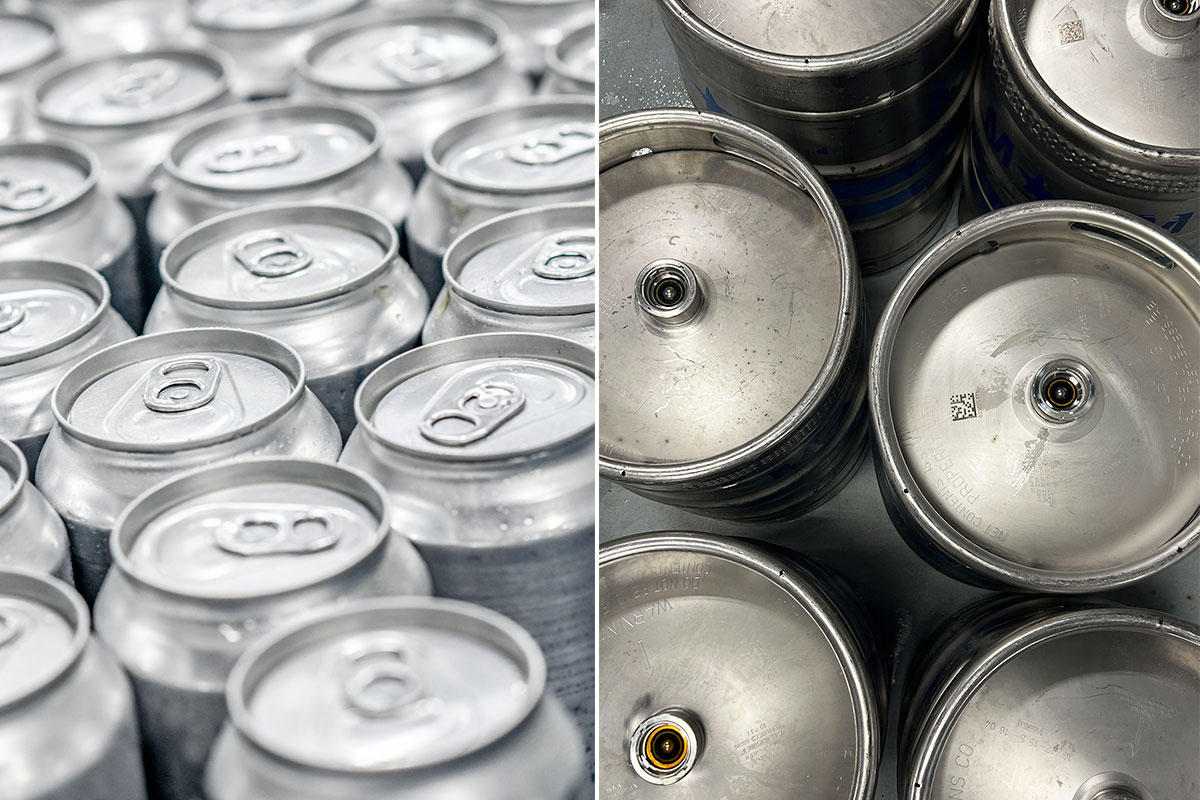 Composite image of aluminum cans and steel kegs