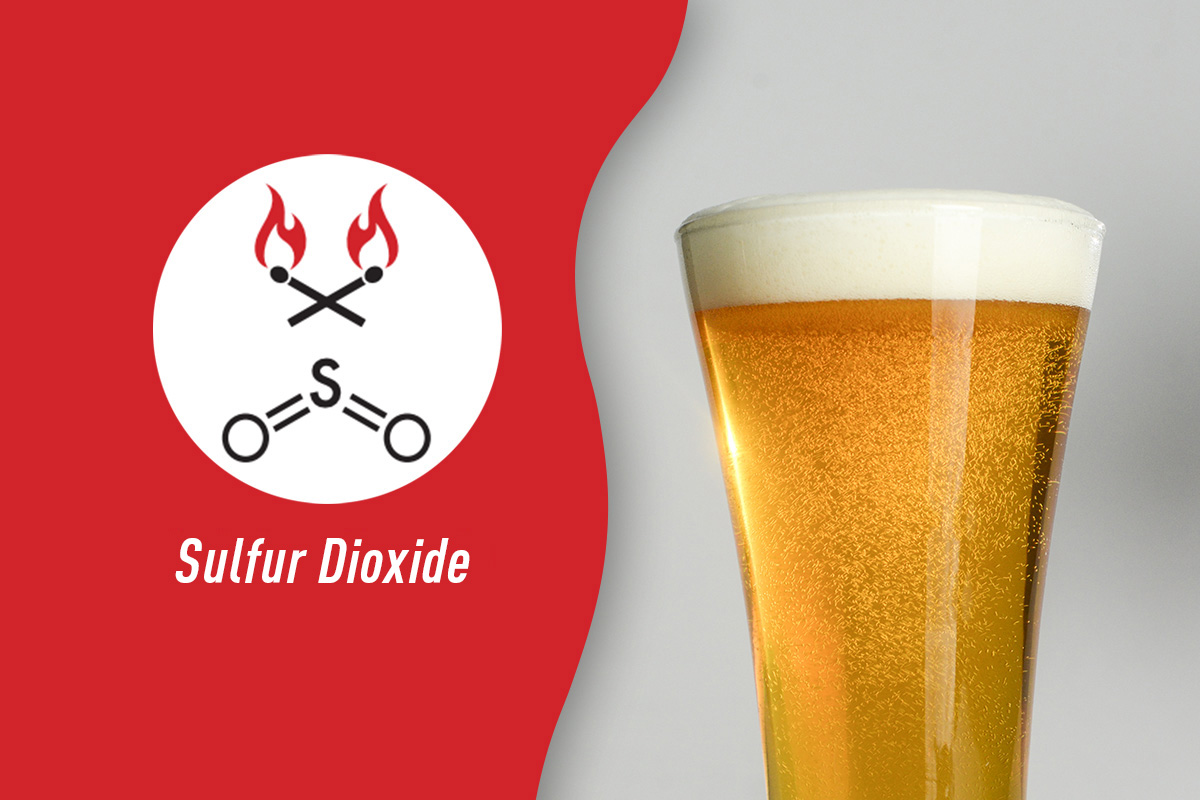 Glass of beer with icon of burning matchsticks and chemical compound of sulfur dioxide