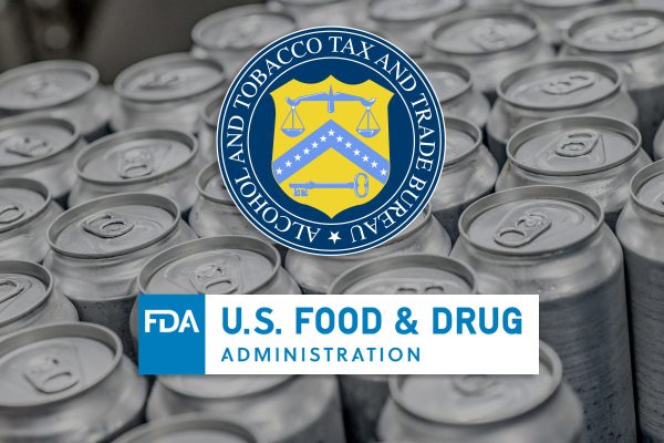 TTB and FDA logos overlaid on blank cans